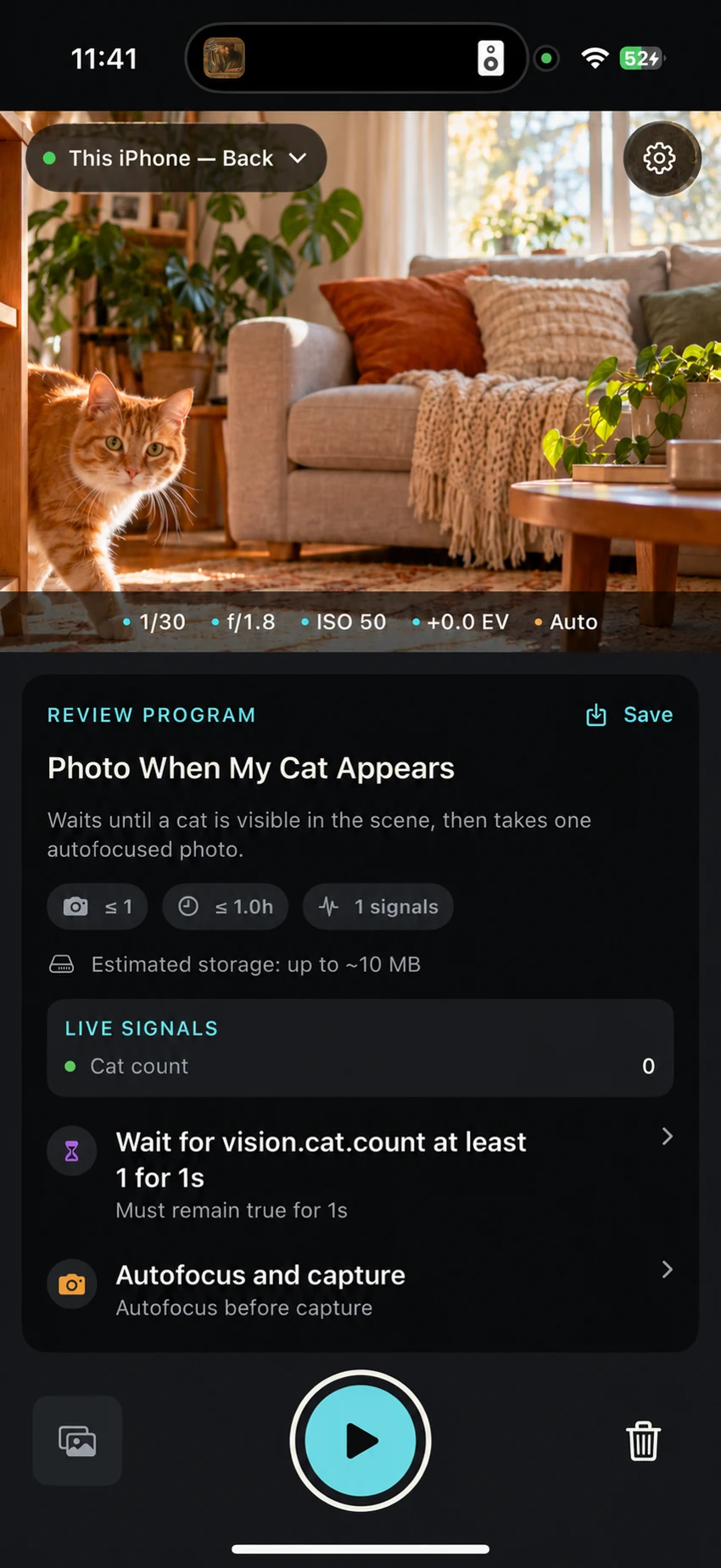 CamPilot on iPad showing a cat-triggered photo plan, live signals and the start button