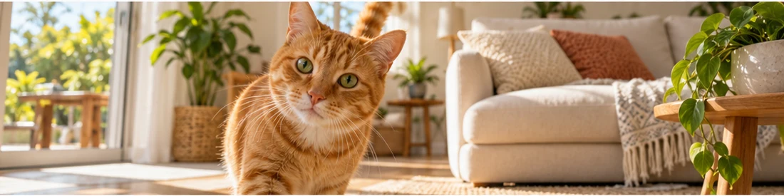 An orange cat in a sunlit living room