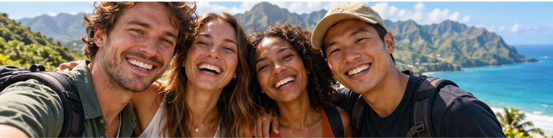 Four friends together in the mountains