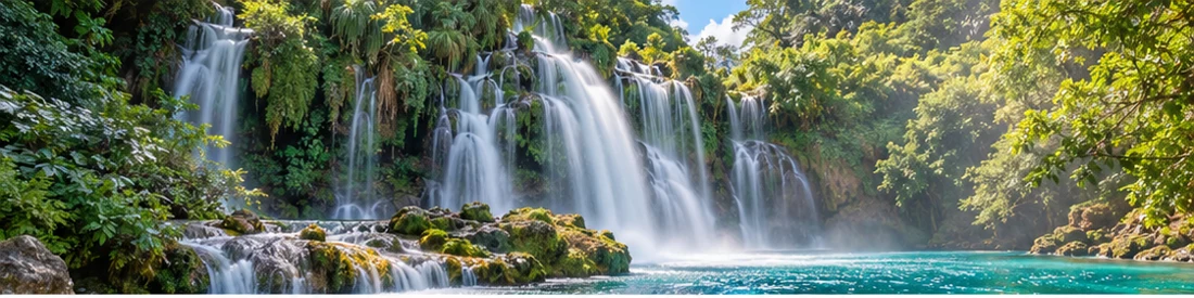 A waterfall flowing through a green landscape